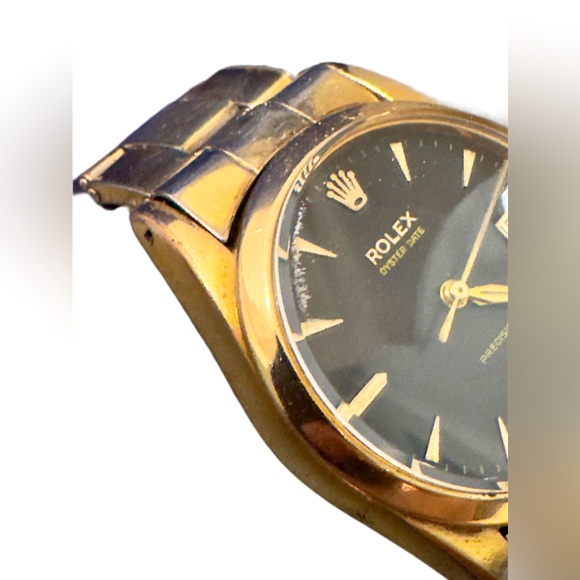 ROLEX Men's Oyster Date Gold-Plated Watch, Black Dial, Ref. 3131, 1950s. - Picture 6 of 16